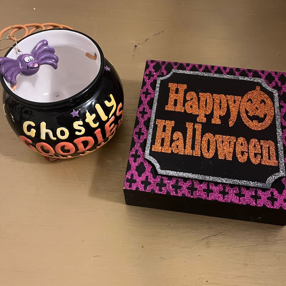 Ghostly Goodies Halloween Candy Bowl and Decorative Plaque